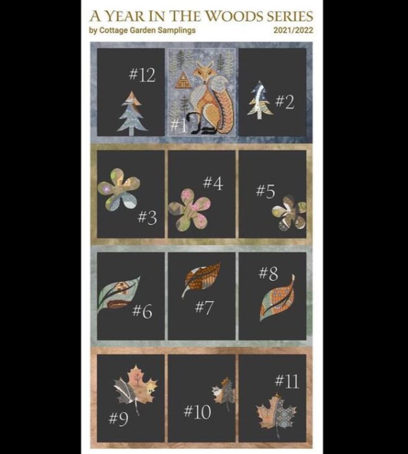 May include: A year in the woods series of 12 cross stitch patterns. The patterns feature a fox, trees, flowers, and leaves. The patterns are numbered 1 through 12.