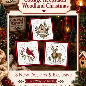 Cottage Keepsakes Woodland Christmas Collection | 3 Primitive Christmas Cross Stitch Designs + Four Ways To Finish™