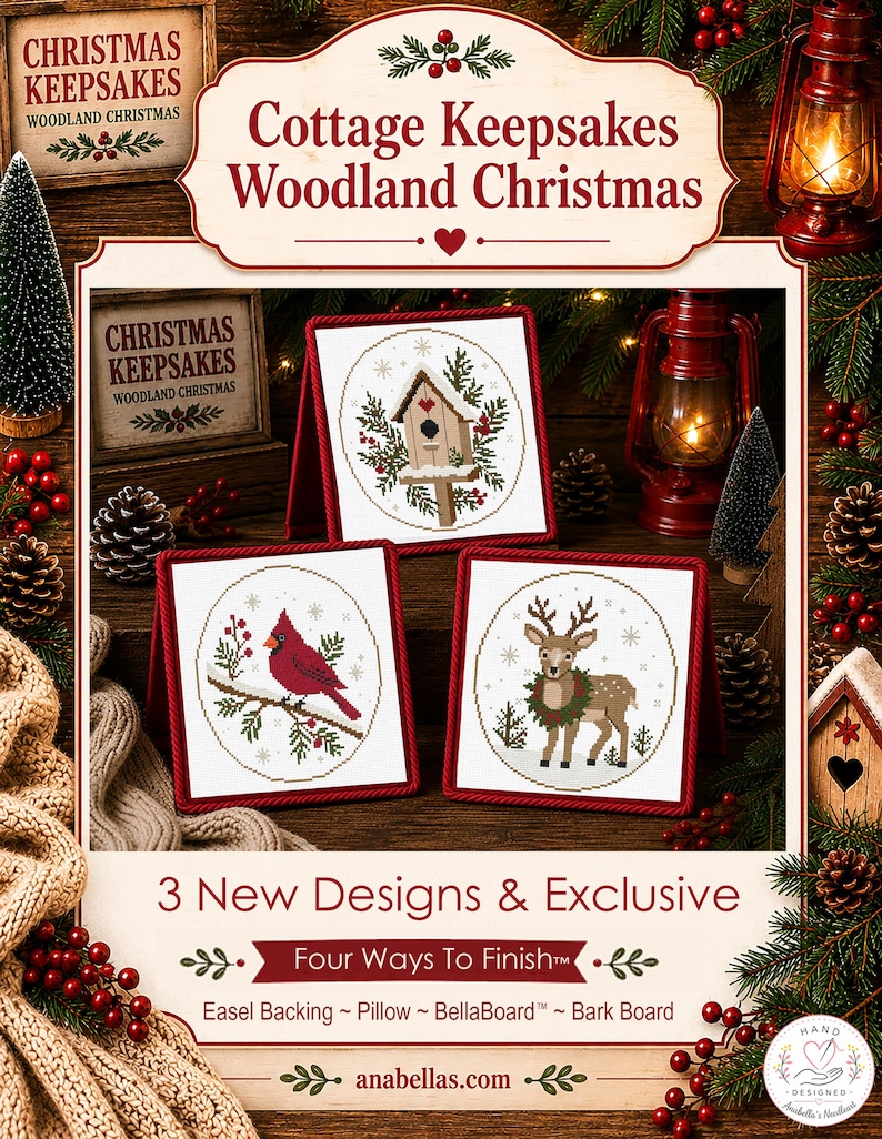 Cottage Keepsakes Woodland Christmas Collection | 3 Primitive Christmas Cross Stitch Designs + Four Ways To Finish™
