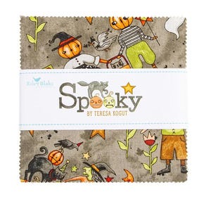 May include: A stack of fabric squares with a Halloween theme. The fabric features whimsical illustrations of jack-o'-lanterns, cats, and witches on a gray background. The text "Spooky by Teresa Kogut" is printed on a white band.