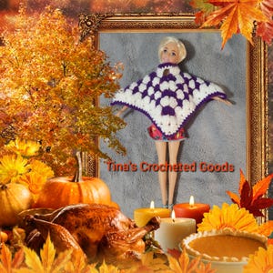 Purple and white crocheted poncho for 11 inch fashion doll
