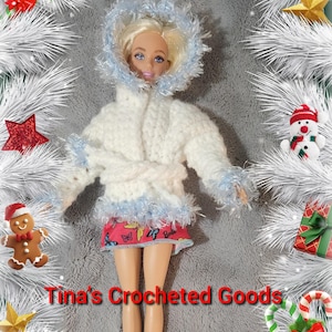 White crocheted winter coat for 11 inch fashion doll