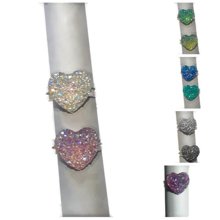 Kids ring Heart glitter ring, adjustable size silver or gold tone ban…