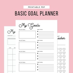 Basic Goal Planner | Yearly + Monthly + Weekly + Daily Goal Planner | Printable Planner | Goal Action Plan | Journal | Goals Tracker