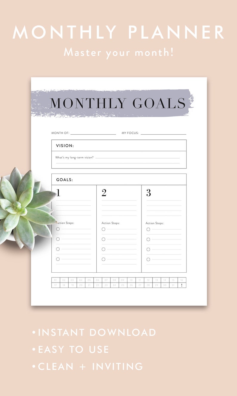 Monthly Goals Planner Goalsetting Printable Monthly Printable Planner