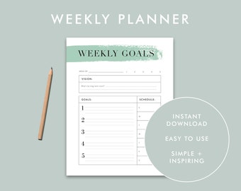 May include: A printable weekly planner with a green watercolor background. The planner includes sections for weekly goals, vision, and a schedule.
