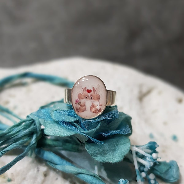 Bague enfant lapins câlins, cadeau pour enfant argent 925 réglable