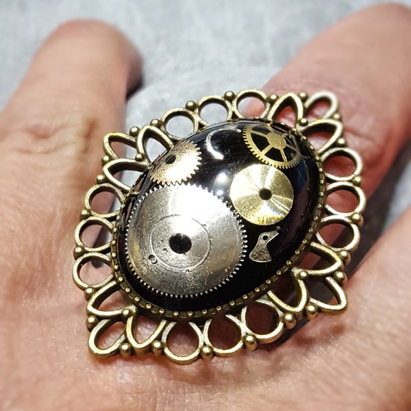 Bague steampunk, bague montre femme, bague engrenages, bague rouage steampunk, bague vintage bronze