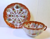 Antique SATSUMA Kutani Tea CUP SAUCER Men Birds Flowers Hand Painted Fluted