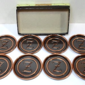 8 Vintage The HYDE PARK Line COASTERS Copper Letter Z Monogram Orig Box