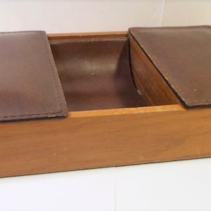 Vintage LEATHER & Wood Mens JEWELRY BOX Top Grain Hide 3 Compartimentos Reliquia