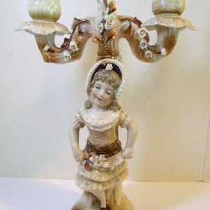 Antique VICTORIAN MAJOLICA CANDELABRA Blue Eyed Girl in Bonnet 2 Arm Form Arm & Dagger Mark