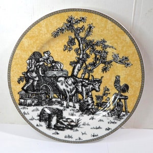 American Atelier English TOILE SALAD PLATE - Couple & Ox Cart Black and Yellow 8"