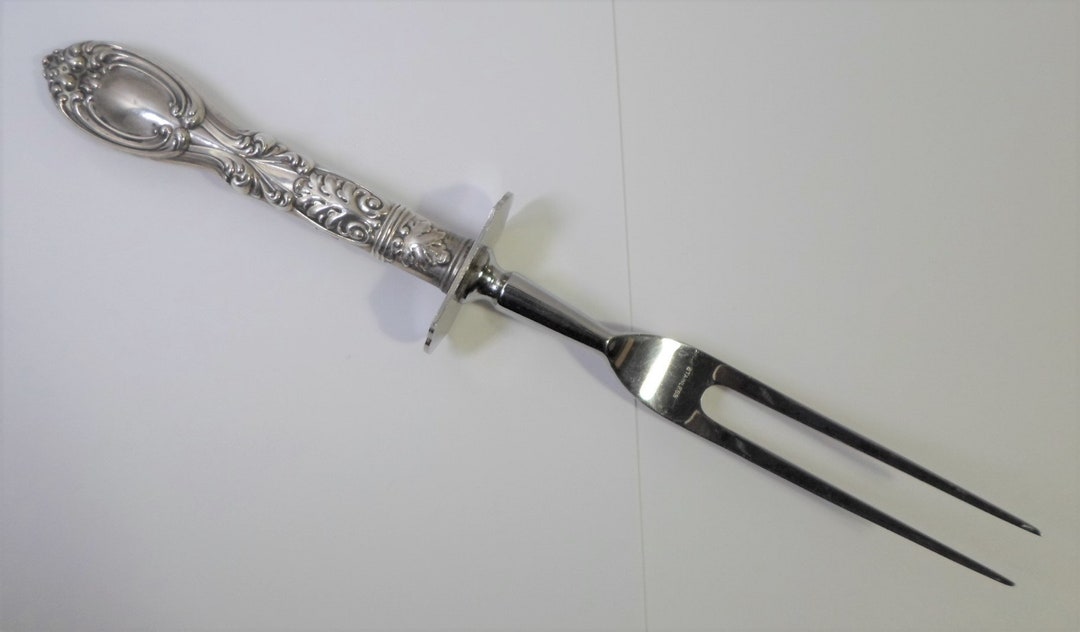 Vintage CARVING FORK With STERLING Silver Handle Ornate Scrolls