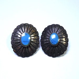Vintage Southwest CONCHO DESIGN EARRINGS - Sterling Silver & Blue Stones 1&quot; Long