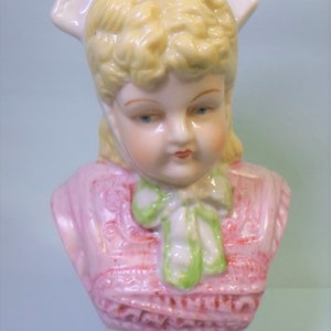 Vintage Porcelain BUST of BLONDE GIRL in Fancy Bonnet Hand Painted 6&quot; Tall