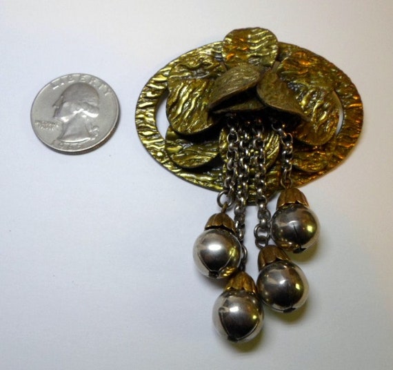 Brutalist FLORAL BROOCH Pin 4 Silver Ball Dangles… - image 7