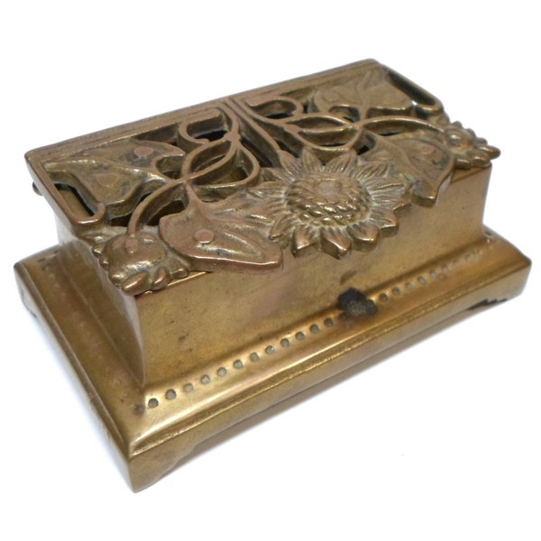 Antique BRONZE STAMP BOX - Art Nouveau Pierced Floral 2 Compartments