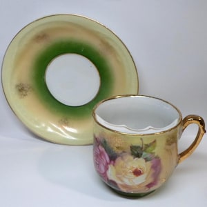 Antique MUSTACHE CUP & SAUCER - Pink and Yellow Roses Made in Germany Gold Trim