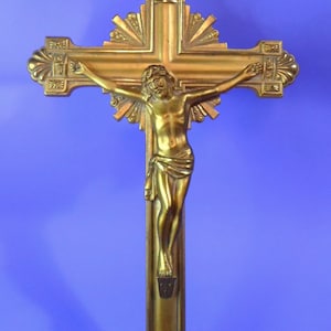 Antique GILT METAL Wall CRUCIFIX - Art Nouveau Art Deco Style Jennings Bros 15&quot; Tall