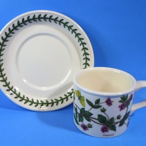 May include: A white teacup and saucer set with a botanical design. The saucer has a green leaf border. The teacup features a floral pattern with purple flowers and the word "Pimpernel". The set is on a blue background.