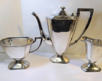 Antique BARBOUR Silver Co 3 Pc COFFEE SET - Pot Creamer & Sugar Bowl Jacobean Pattern
