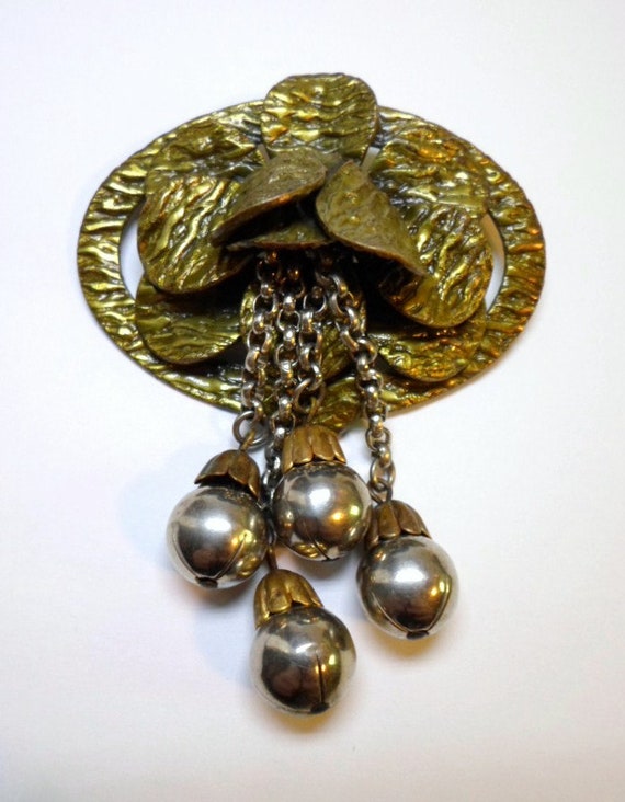 Brutalist FLORAL BROOCH Pin 4 Silver Ball Dangles… - image 1