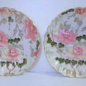 2 Antique PORCELAIN DISHES - PINK Flowers Beehive Mark Swirl Fluted Shape 6&quot; Dia