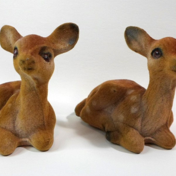 2 Vintage Flocked RESTING BAMBI FIGURINES Baby Deer Spotted Fawns 4" Long