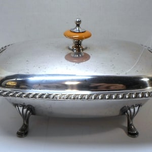アンティーク シルバーメッキ カバー付きボウル ベークライト蓋 ノブ付き脚付きボックス / サーバーディッシュ