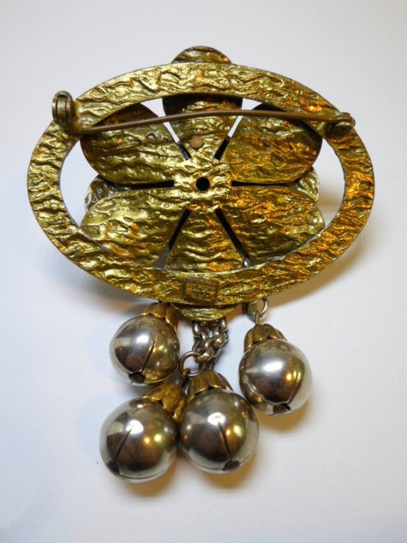 Brutalist FLORAL BROOCH Pin 4 Silver Ball Dangles… - image 5