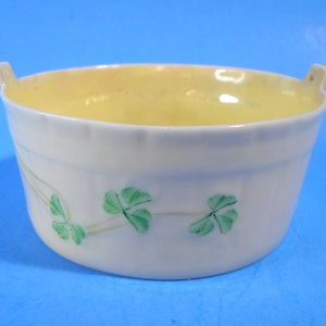 Vintage BELLEEK Open BUTTER TUB Shamrocks 5th Green Mark Painted Porcelain 3" D