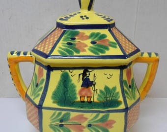 Vintage QUIMPER SUGAR BOWL & Lid Soleil Yellow with Breton Man Hand Painted France