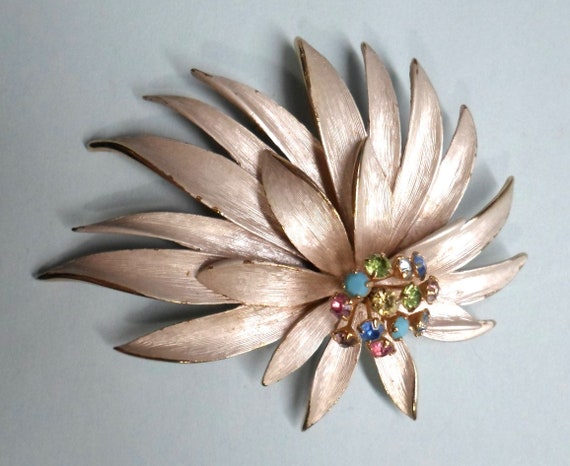 Vintage PIN & EARRINGS SET Modern Flowers w/ Rhin… - image 2