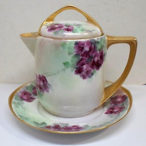 Antique ROSENTHAL SYRUP PITCHER, Lid & Liner Purple Roses Hand Painted Porcelain