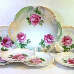 Antique SILESIEN 7 Pc DESSERT SET - Large Pink Roses Porcelain Made in Germany