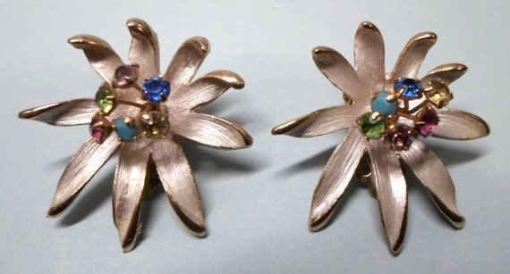 Vintage PIN & EARRINGS SET Modern Flowers w/ Rhin… - image 3