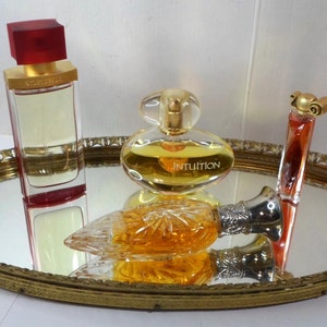 Antique MIRRORED PERFUME / Vanity TRAY Filigree Brass Oval with Scrolls & Flowers
