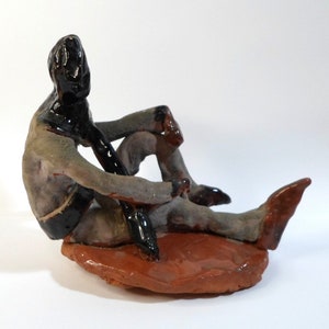 Vintage CREEPY EXECUTIONER FIGURINE in Black Hood Red Ware Pottery Signed 5.25"