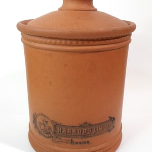 Antique HARROD&#39;S TERRA COTTA Jar & Lid Redware by Fulham Pottery 5&quot; Tall