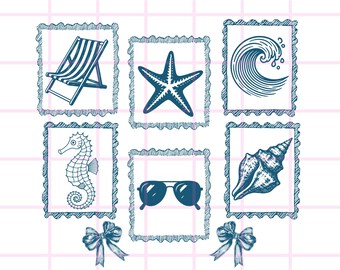 Coastal Stamps PNG: Coquette Bows, Seashells, Vintage Beach Clipart (Digital Download)