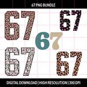 May include: A digital download graphic bundle featuring the numbers "67" in various patterns. Designs include leopard print, paw prints, camouflage, and a solid teal and tan. The text "67 PNG BUNDLE" and "DIGITAL DOWNLOAD | HIGH RESOLUTION | 300 DPI" are also present.