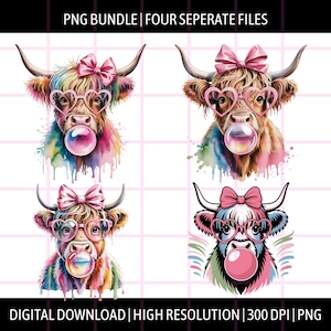 Coquette Highland Cow PNG, Bubblegum Cow Clipart, Digital Download, Sublimation File For Shirts, DTF Design Bundle, Trendy Shirt Design