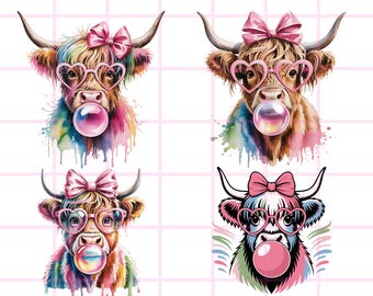 Die kokette Highland Kuh PNG: Bubblegum Clipart, trendiges Shirt Design (digitaler Download)