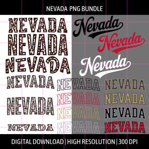 Könnte beinhalten: Ein digitales Grafikpaket mit dem Titel NEVADA PNG BUNDLE, das mehrere Variationen des Wortes Nevada in verschiedenen Schriftarten, Farben und Mustern zeigt, darunter Leopardenmuster, einfarbiges Schwarz, Rot, Weiß, Gold und Umrissstile auf einem Rasterhintergrund.