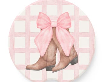 Cowgirl Boots Car Coaster: Pink White Western Decor