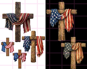 Amerikaanse vlag houten kruis PNG-bundel: patriottische christelijke sublimatie digitale download