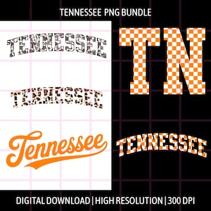 Puede incluir: Un paquete PNG digital con la palabra "Tennessee" en varios estilos. Incluye diseños de camuflaje, estampado de leopardo y escritura naranja. También incluye letras "TN" a cuadros naranjas y blancos. También está presente el texto "DIGITAL DOWNLOAD | HIGH RESOLUTION | 300 DPI".