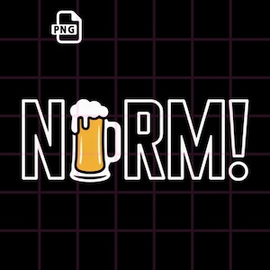 May include: A black background with a grid pattern and the word "NORM!" in white, outlined letters. A cartoon beer mug with foam is in the center. A PNG file icon is in the top left corner.