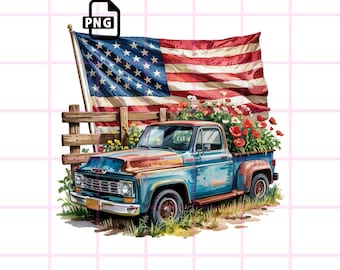 Vintage American Truck with Flag PNG: Patriotic Clipart (Digital Download)